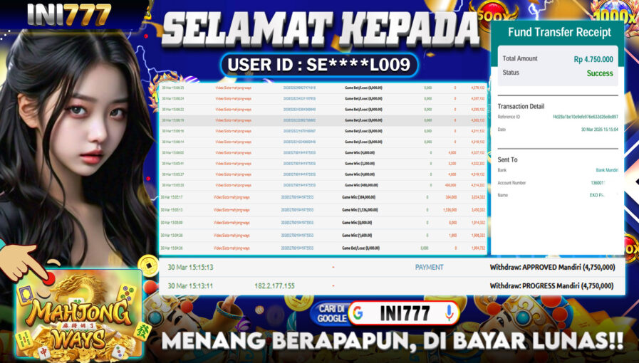 INI777 di Game Slot Mahjong Ways RP.4.750.000 LUNAS bukti-4