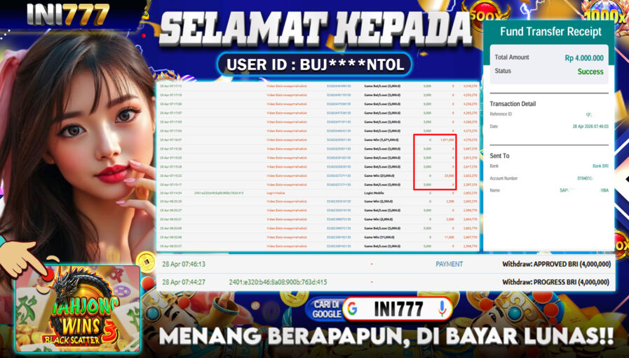INI777 di Game Slot Mahjong Wins 3 – Black Scatter RP.4.000.000 LUNAS bukti-39