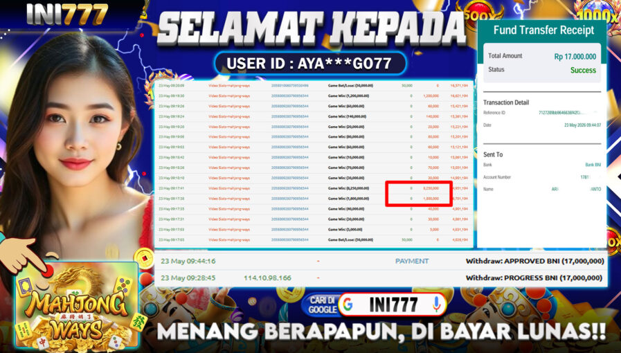 INI777 di Game Slot Mahjong Ways RP.17.000.000 LUNAS bukti-64